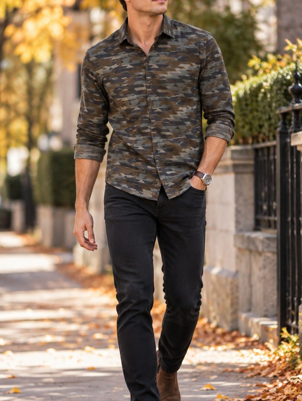 Simons Men's Olive Gray Aztec Camo Slim Fit Button Down Shirt Casual